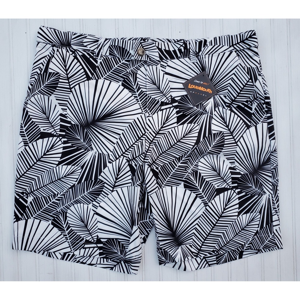 Loudmouth Golf Shorts Mens 38 Black White Tropical Palm Leaf Print NWT New